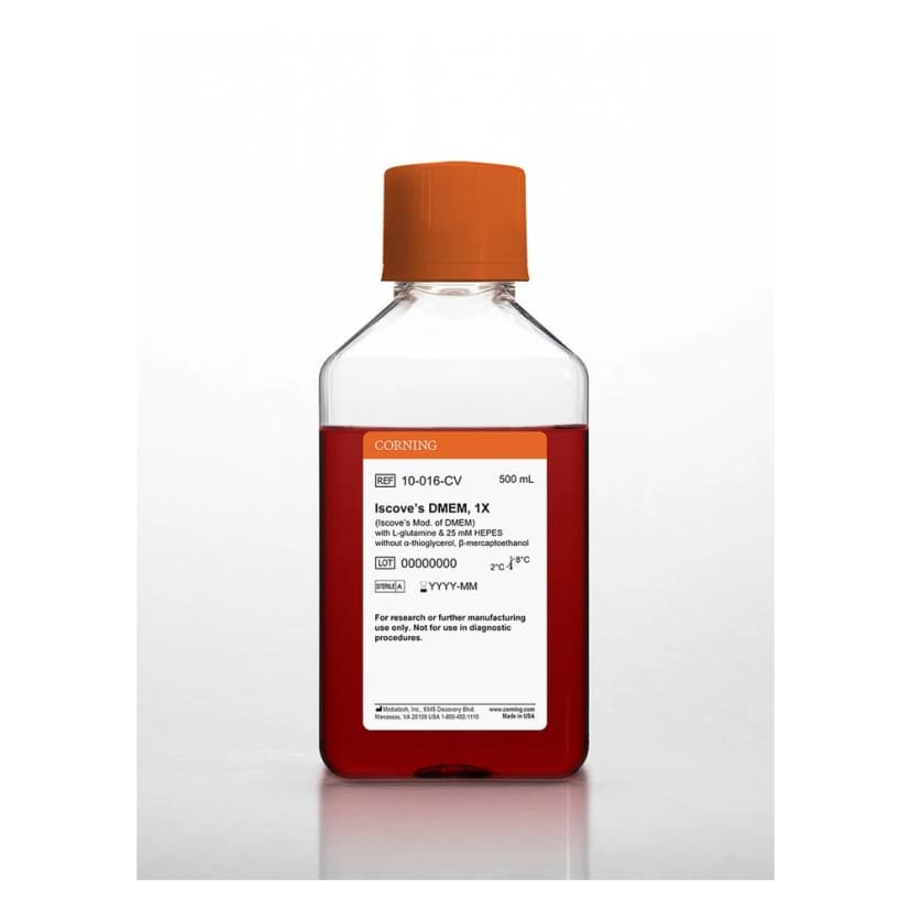 Corning® 500 mL Iscoves Modification of DMEM [+] L-glutamine, 25 mM HEPES [-] ss-thioglycerol, ss-mercaptoethanol