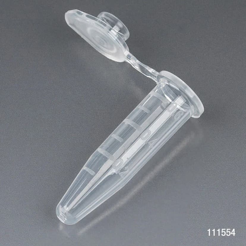 Microcentrifuge Tube, 0.5mL, PP, Attached Snap Cap, Graduated, Natural, Certified: Rnase, Dnase and Pyrogen Free, 500/Stand Up Zip Lock Bag