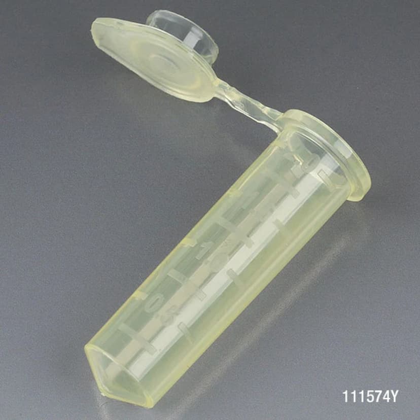 Microcentrifuge Tube, 2.0mL, PP, Attached Snap Cap, Graduated, Yellow, Certified: Rnase, Dnase and Pyrogen Free, 500/Stand Up Zip Lock Bag