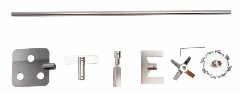 Contains one rod, six stirring blades - Propeller stirrer, Paddle stirrer, Centrifugal stirrer, Flat-blade stirrer, Radial-flow stirrer, Anchor stirrer and assembly tool
