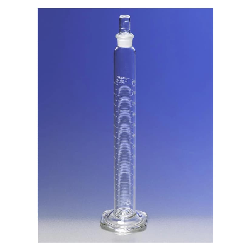 PYREX 25mL Single Metric Scale Cylinder, Standard Taper Stopper, White Graduations, TC