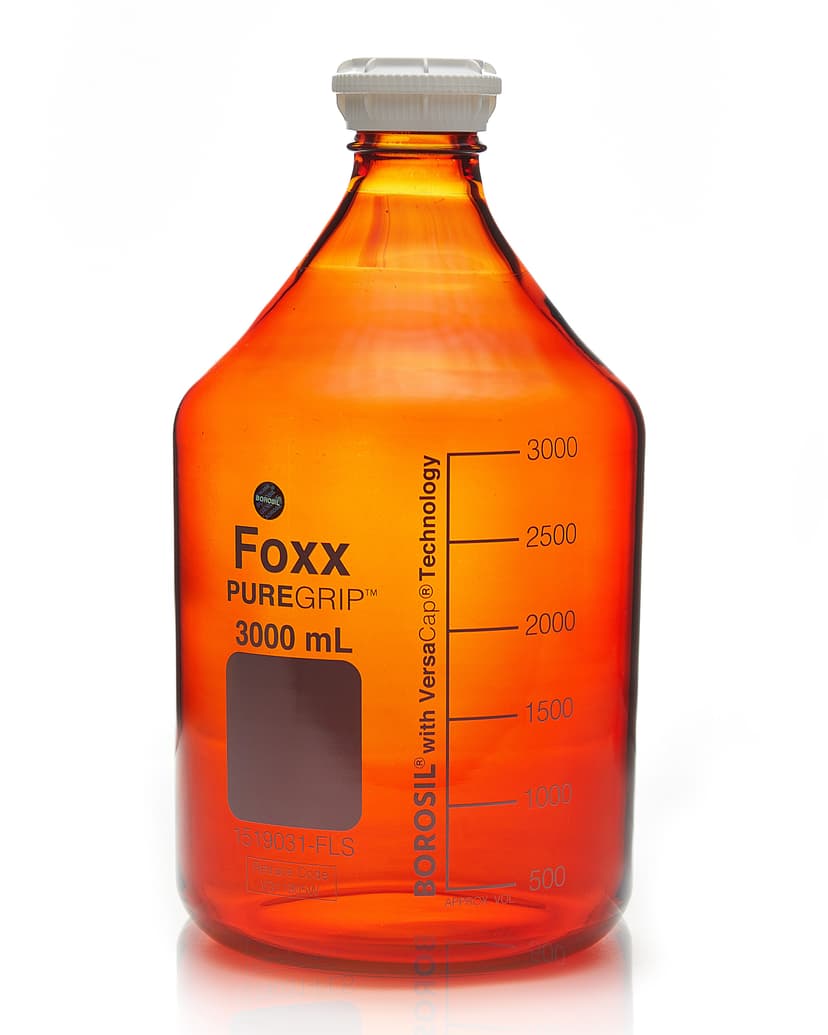 PUREGRIP® Reusable Amber Light-Blocking Round Glass Media Storage Bottles with GL45 VersaCap, Pouring Ring, and Extra Large Marking Spot, 3 L (3,000 mL), 2/CS