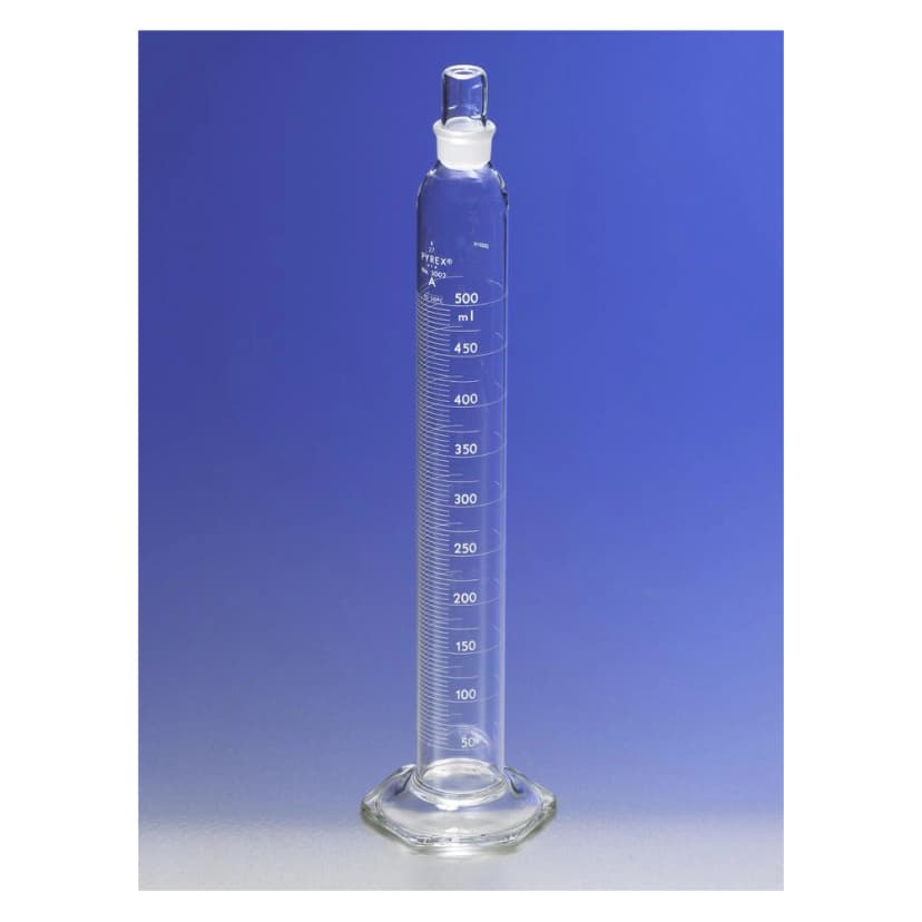 PYREX 10mL Single Metric Scale Cylinders, Serialized/Certified Class A, Standard Taper Stopper, White Graduations, TC