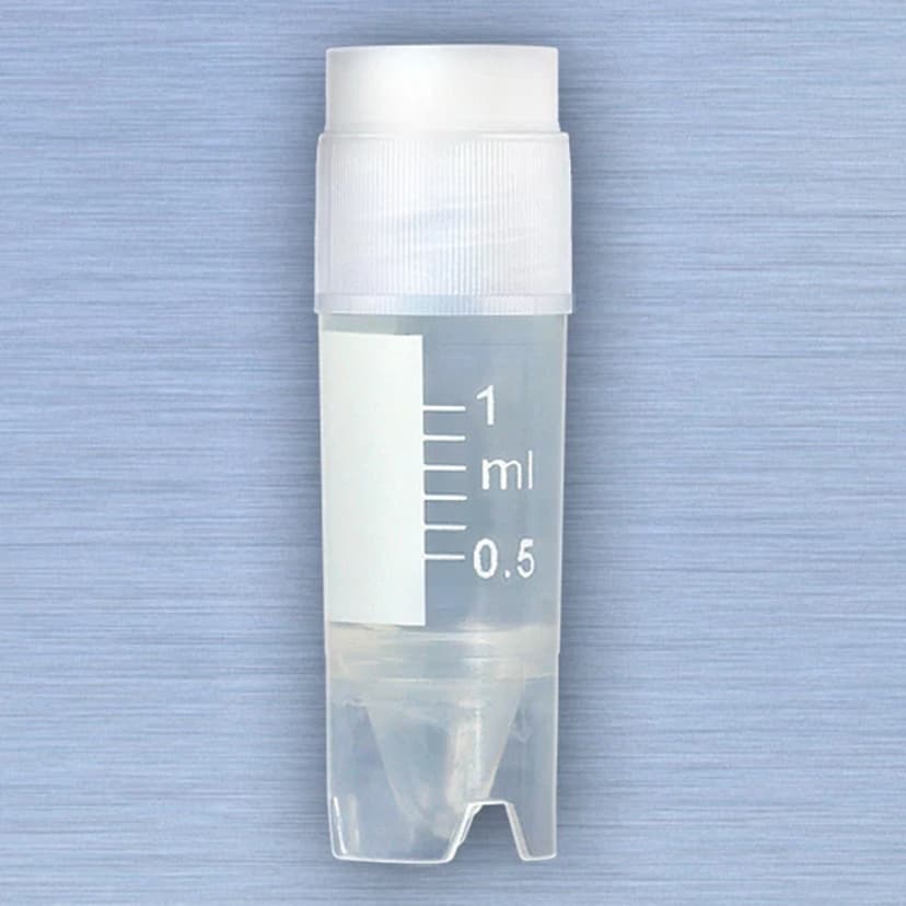 CryoCLEAR vials, 1.0mL, STERILE, External Threads, Attached Screwcap with Co-Molded Thermoplastic Elastomer (TPE) Sealing Layer, Conical Bottom, Self-Standing, Printed Graduations, Writing Space and Barcode, 50/Bag, 10 Bags/Case