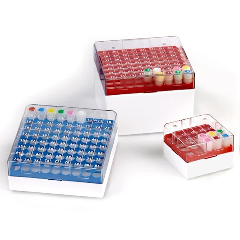 BioBOX 81, for 1.0mL and 2.0mL CryoCLEAR vials, Polycarbonate (PC), Holds 81 vials (9x9 format), Printed Lid, Pack Includes a CryoClear Tube Picker, BLUE