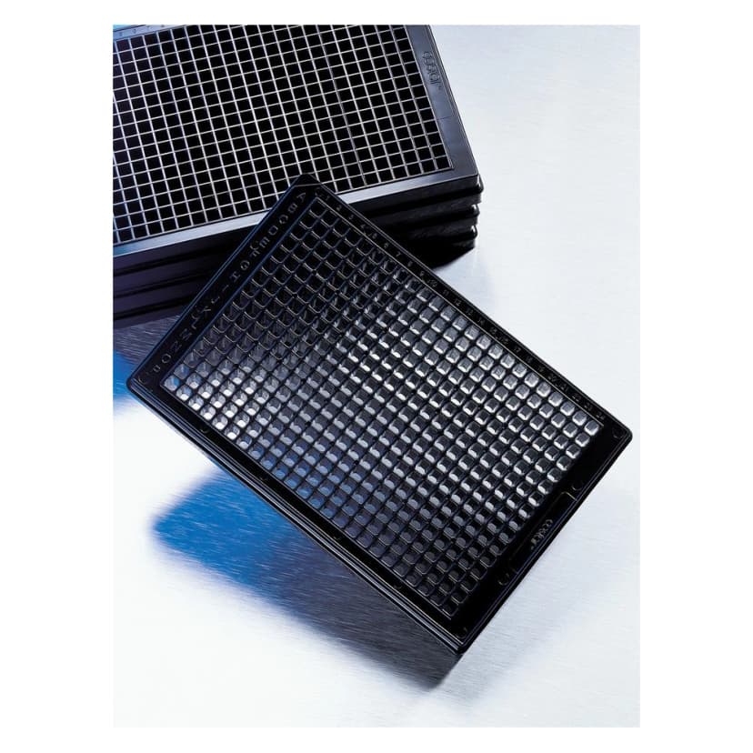 Corning 384 wwell Black with Clear Flat Bottom CellBIND Treated Polystyrene Micropate, with Low Flange, with Lid, Sterile, 100/case