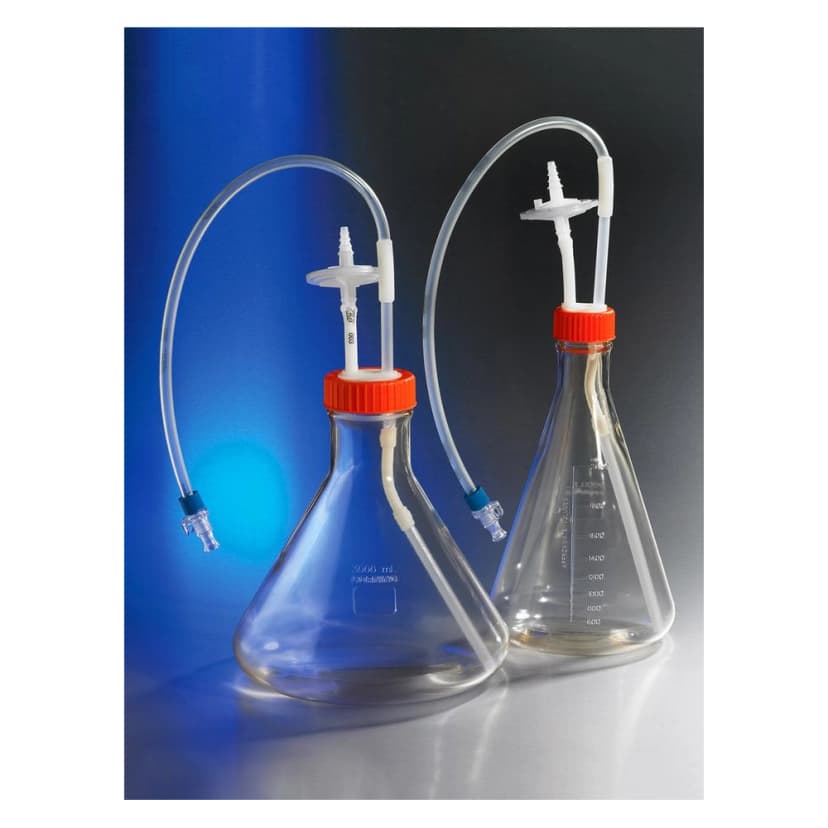 Corning 2L Polycarbonate Erlenmeyer Shake Flask with Aseptic Transfer Cap having a 1/4" Dip Tube with Male MPC Disconnect and a 0.2m Vent,Sterile, 1/bag,3/case