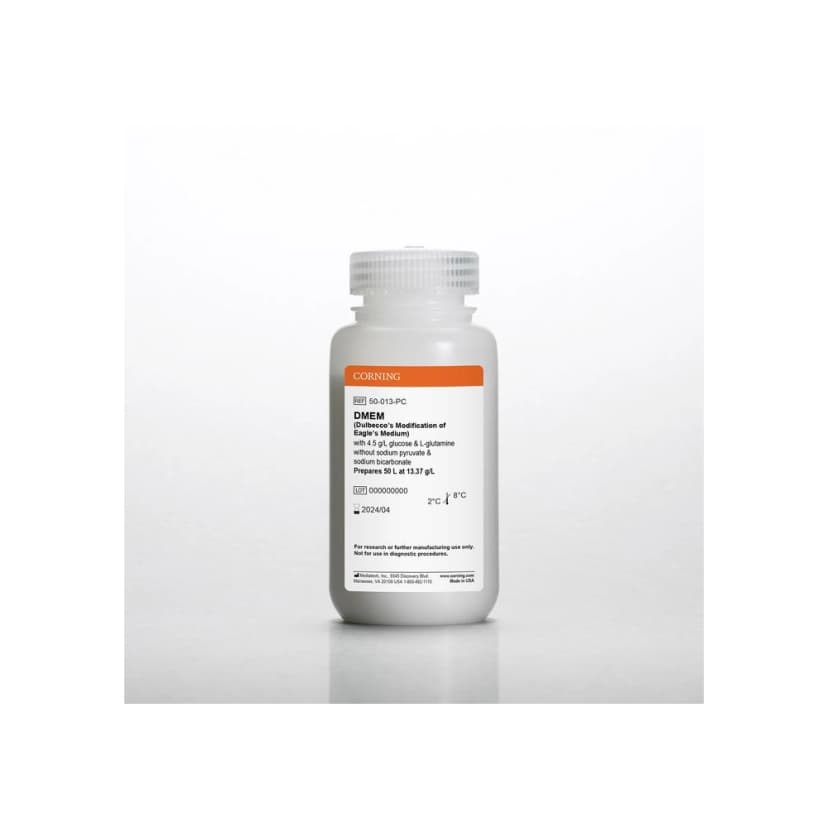 Corning® 50 L DMEM (Dulbeccos Modification of Eagles Medium), Powder [+] 4.5 g/L glucose, L-glutamine [-] sodium bicarbonate, sodium pyruvate
