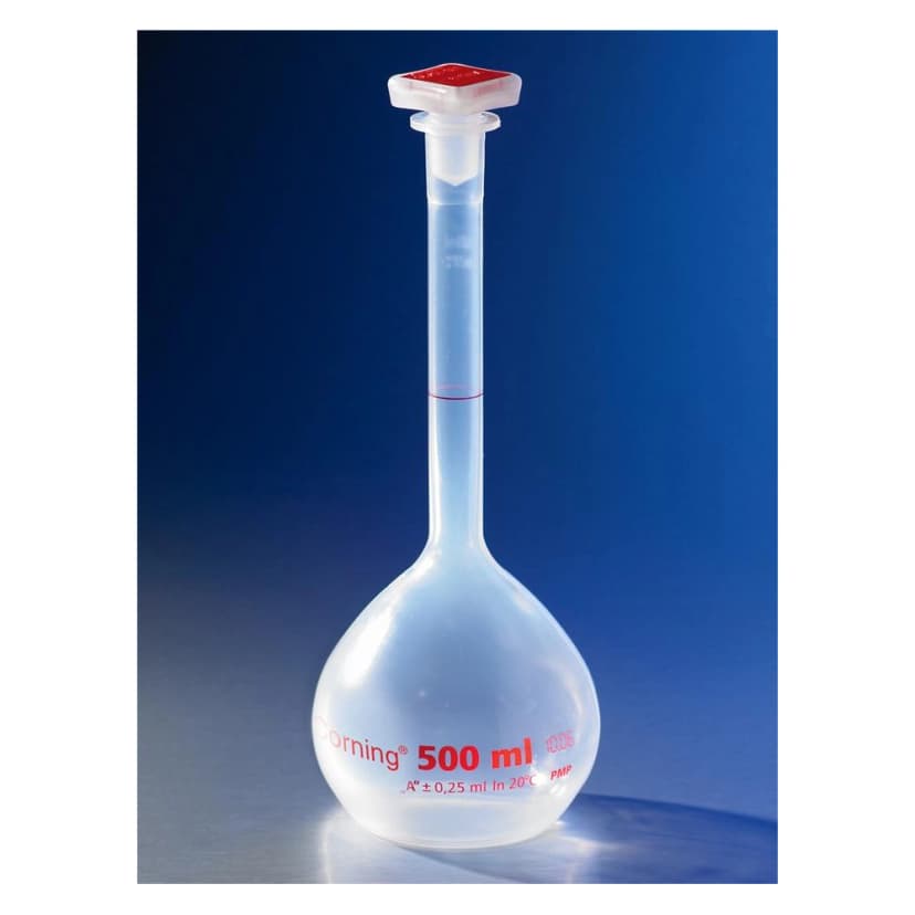 Corning 500mL Class A Reusable Plastic Volumetric Flask, Polymethylpentene with 19/26 Tapered PP Stopper