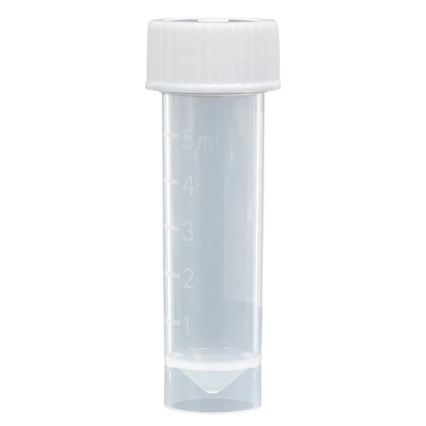 Transport Tube, 5mL, with Separate White Screw Cap, PP, Conical Bottom, Self-Standing, Molded Graduations