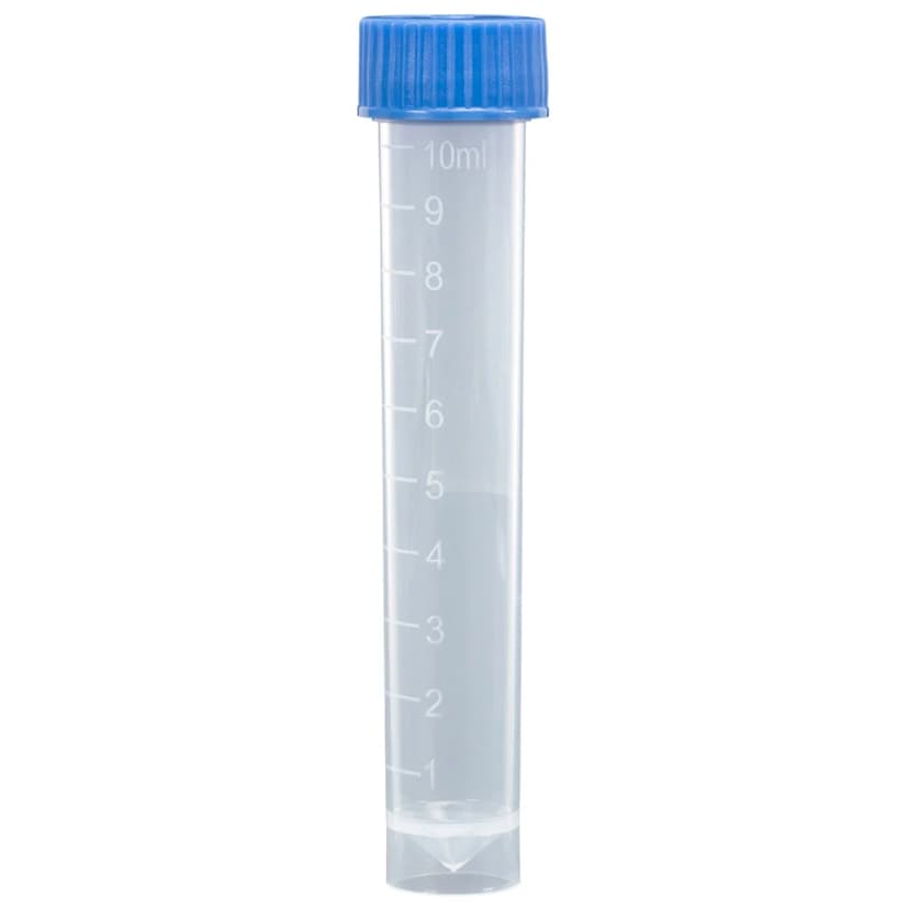 Transport Tube, 10mL, with Separate Blue Screw Cap, PP, Conical Bottom, Self-Standing, Molded Graduations