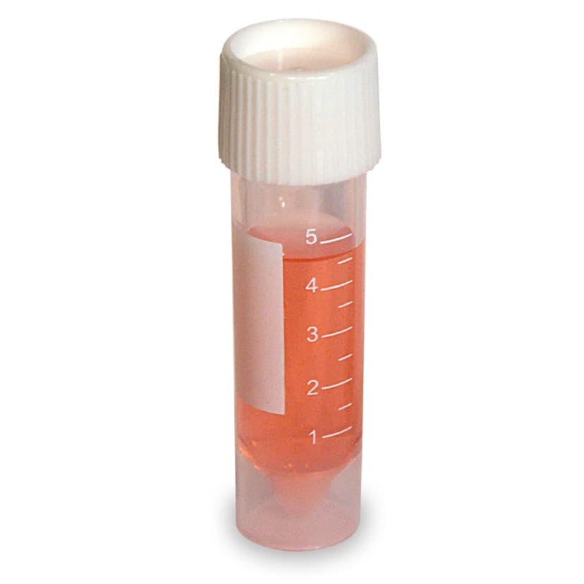 Transport Tube, 5mL, 16 x 60mm, with Attached White Screw Cap, PP, Conical Bottom, Self-Standing, Sterile, Printed Graduations, 25/Bag