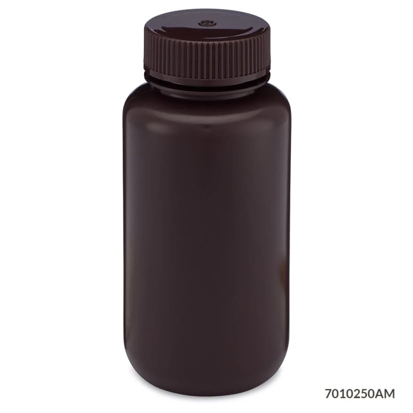 Bottle, Wide Mouth, HDPE Bottle, Attached PP Screw Cap, Amber, 250mL, 12/Pack
