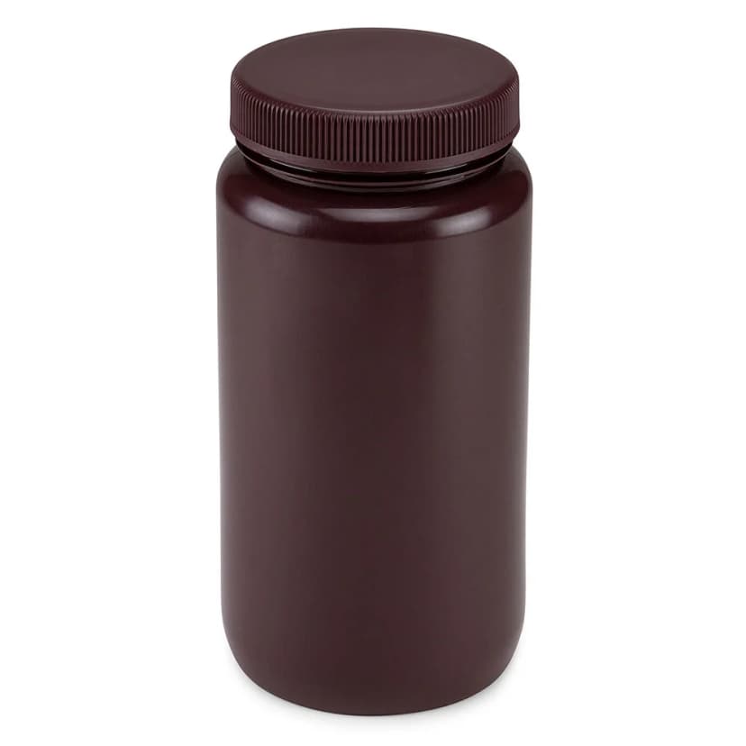 Bottle, Wide Mouth, HDPE Bottle, Attached PP Screw Cap, Amber, 2 Litres (0.5 Gallons)