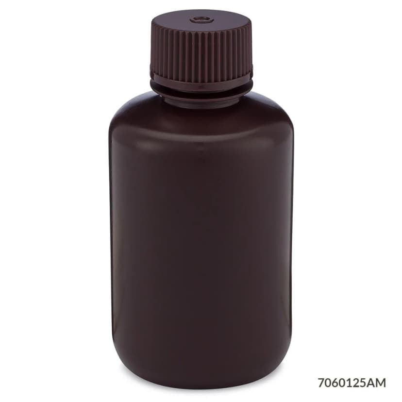 Bottle, Narrow Mouth, HDPE Bottle, Attached PP Screw Cap, Amber, 125mL, 12/Pack