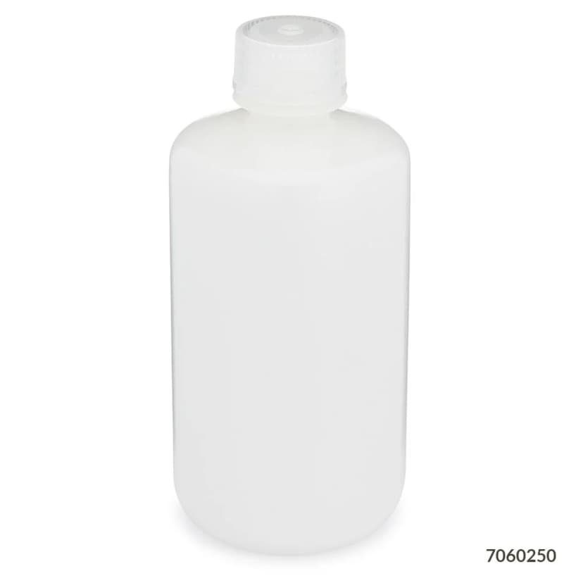 Bottle, Narrow Mouth, HDPE Bottle, Attached PP Screw Cap, 250mL, 12/Pack