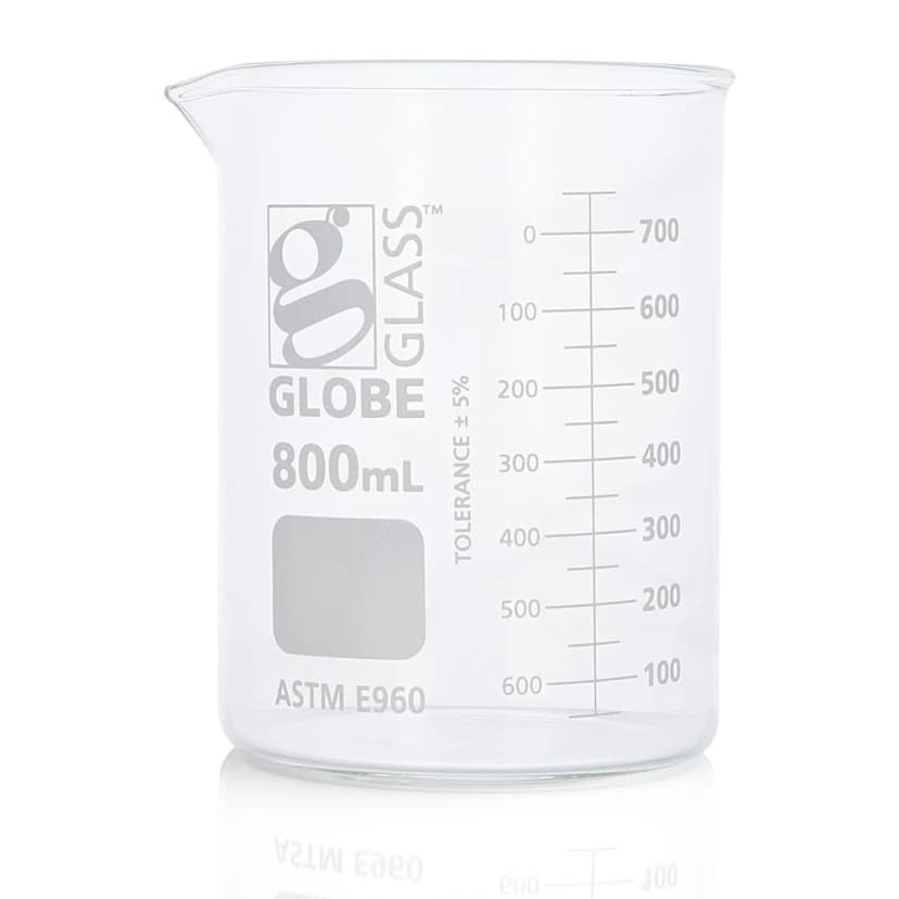 Beaker, Globe Glass, 800mL, Low Form Griffin Style, Dual Graduations, ASTM E960, 6/Box