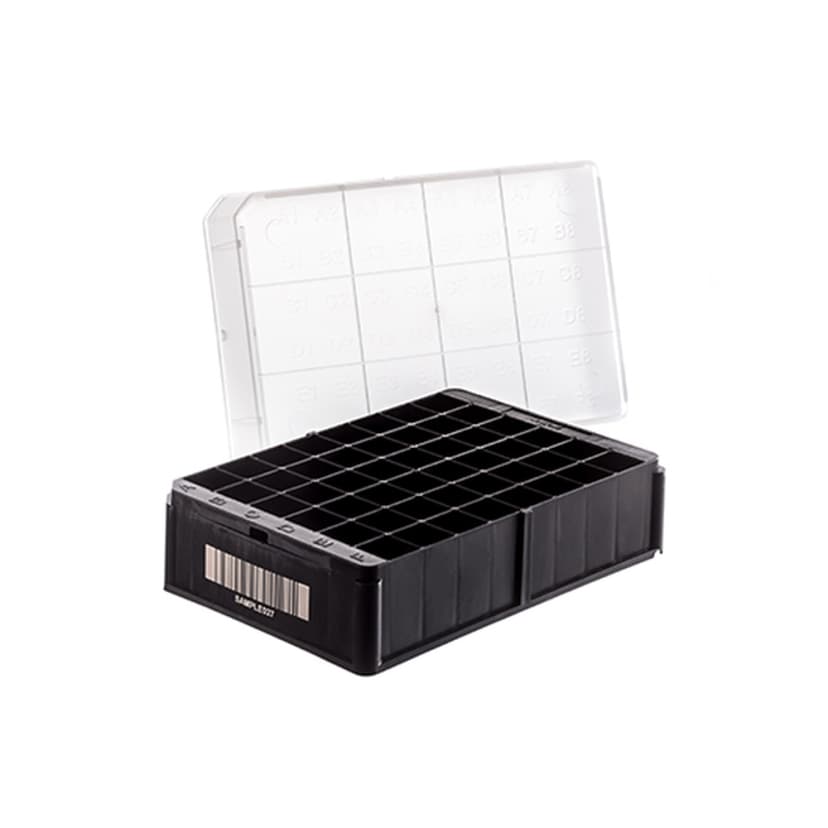 48-way Datamatrix RACK for 1 & 2 mL Cryo.s, PP, Black Natural Low Lid, pre-barcoded