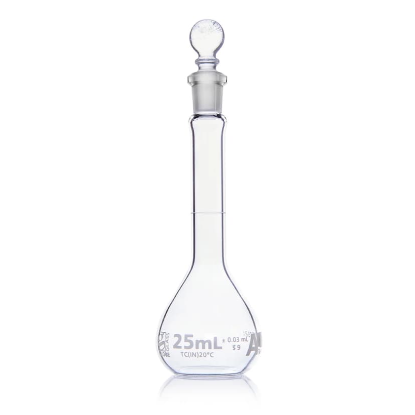 Flask, Volumetric , Globe Glass, 25mL, Class A, To Contain (TC), ASTM E288, 6/Box