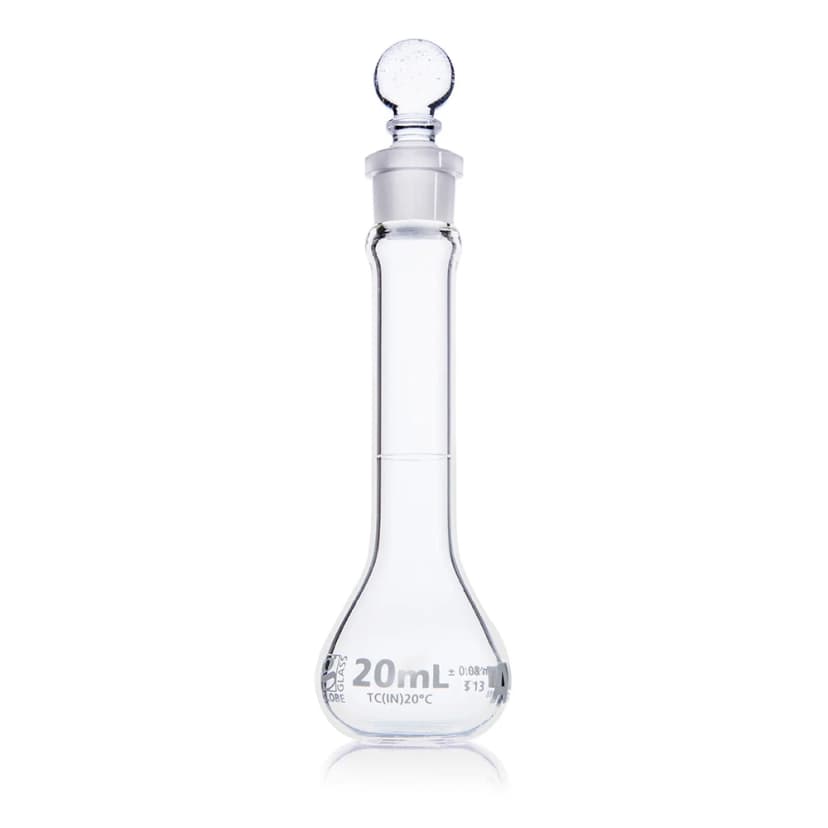 Flask, Volumetric, Wide Mouth, Globe Glass, 20mL, Class A, To Contain (TC), ASTM E288, 6/Box
