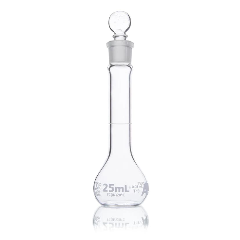 Flask, Volumetric, Wide Mouth, Globe Glass, 25mL, Class A, To Contain (TC), ASTM E288, 6/Box