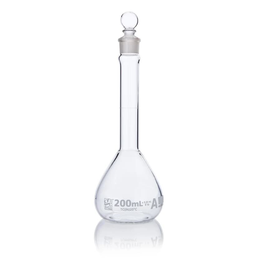 Flask, Volumetric, Wide Mouth, Globe Glass, 200mL, Class A, To Contain (TC), ASTM E288, 6/Box