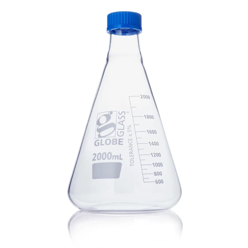 Flask, Erlenmeyer, Globe Glass, 2000mL, Screw Cap, Dual Graduations, ASTM E1404, 1/Box