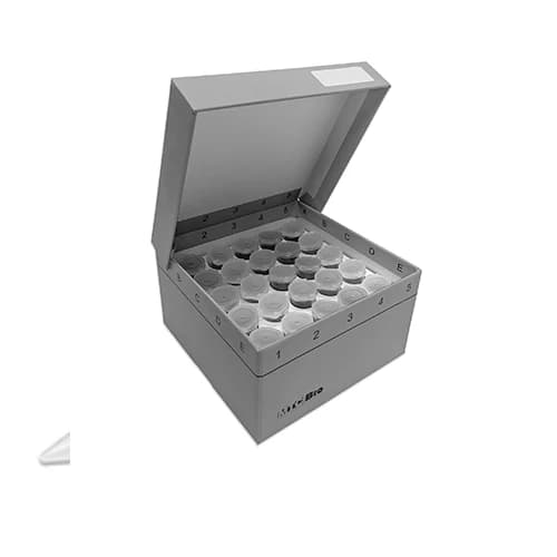 Cardboard freezer box, hinged lid, insert for 25 snap-cap 5mL tubes, 5.25 x 5.25 x 3 inches