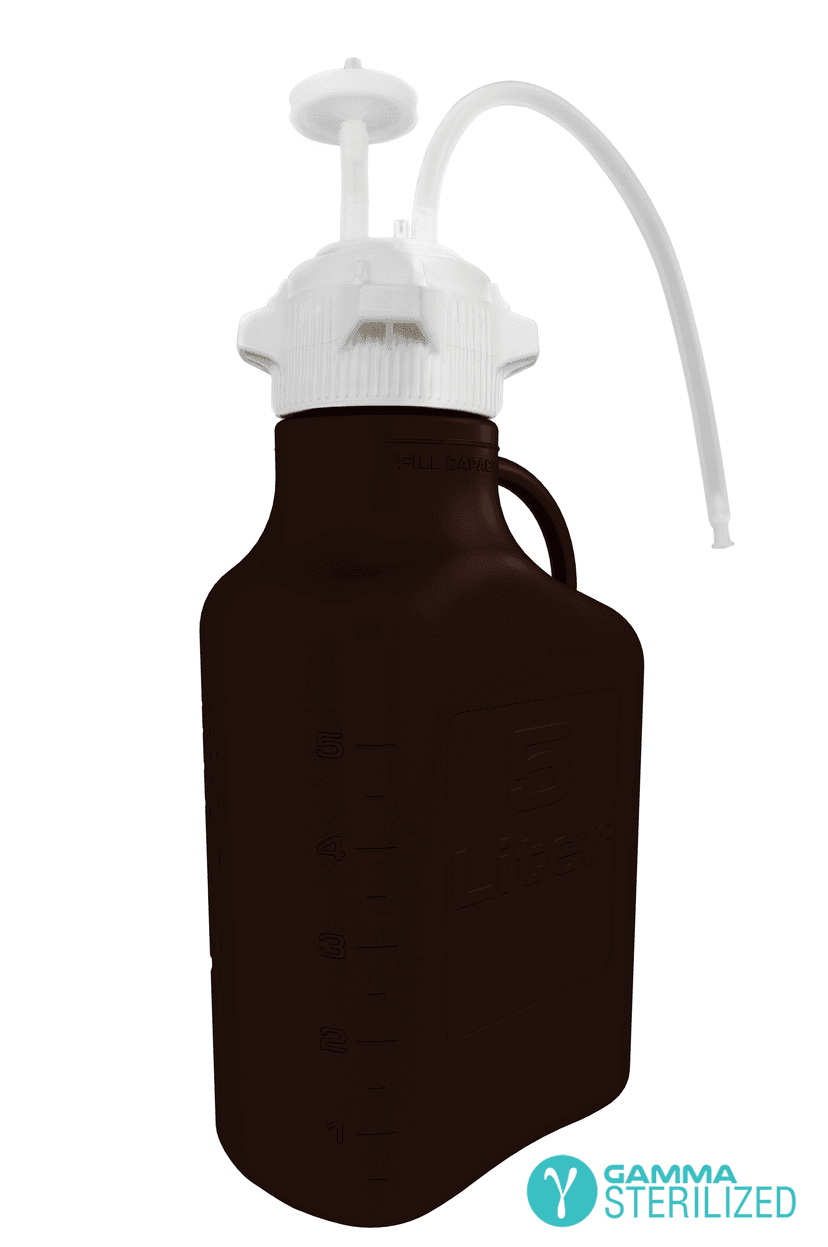 EZBio® Single Use Carboy Assembly, 5 L (1 Gal) Gamma Sterilized Light Blocking Amber HDPE Carboy for Aseptic Transfer and Sterile Storage with VersaCap 83B (83 mm), Vent and 1/4 in ID TPE Dip Tube, 1/EA