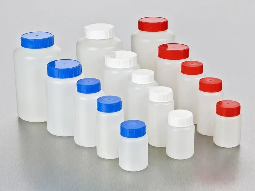 Round HDPE Bottle, 500 mL, 58 mm Red Cap with Wad, Assembled, Sterile, 140/Case