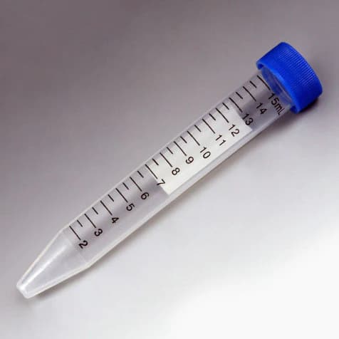 Centrifuge Tube, 15mL, Attached Blue Flat Top Screw Cap, PP, Printed Graduations, STERILE, Certified, 25/Re-Sealable Bag, 20 Bags/Unit