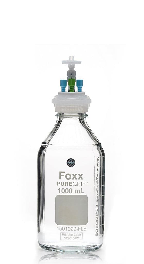 ChromCap300 HPLC Solvent Reservoir System with VersaCap® GL45 and 1 L (1,000 mL) Clr. Glass Reagent Bottle, Class VI PTFE Adapter & Safety Air Inlet Valve, Four (4x) Ports- OD Tubing 3.2mm (1/8") or 1.6 mm (1/16"), 1/EA