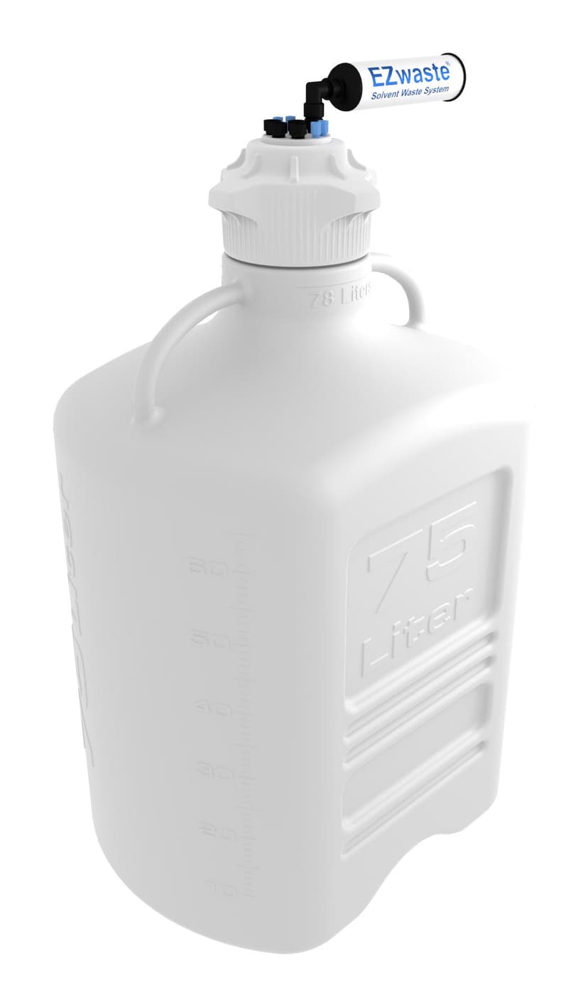 EZwaste® XL HPLC Solvent Waste System, 75 L HDPE Reusable Carboy, 120 mm Four (4x) Ports for 1/8" OD Tubing, 4 Ports for 1/4" OD Tubing and a Chemical Exhaust Filter, 1/EA