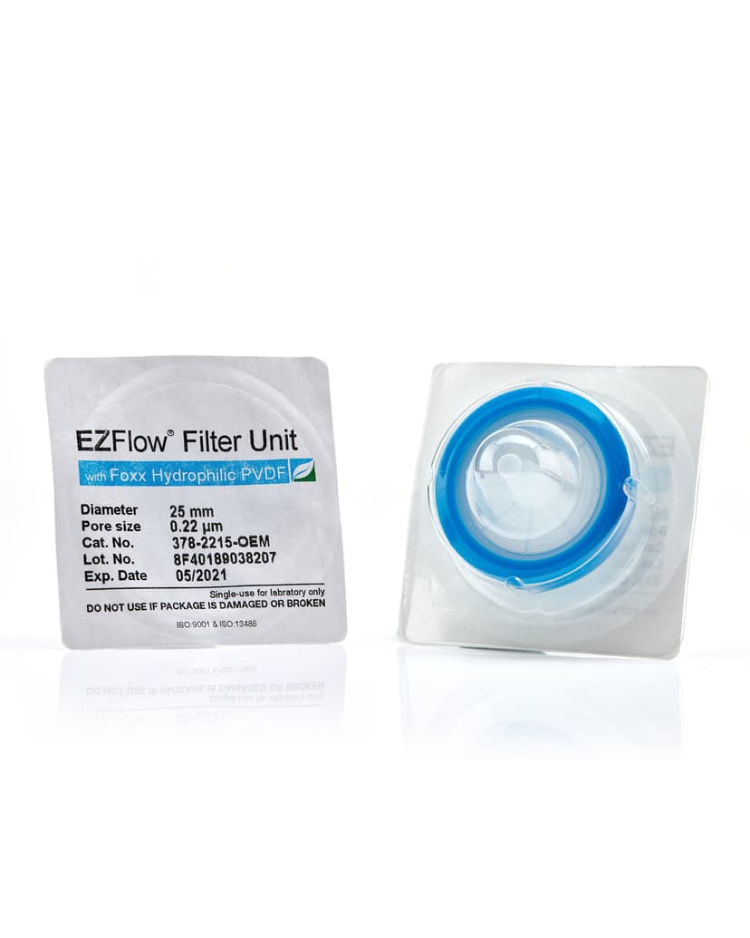 EZFlow® Sterile Hydrophilic PVDF Syringe Filters, 0.22 µm Sterilizing Membrane, 25 mm, 100/PK