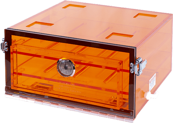 Amber Acrylic Desiccators, 12" x 12" x 6" with 2 Perforated Shelves