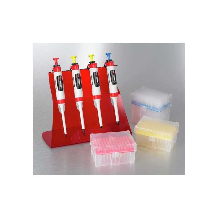 Axygen® Axypet® Pro Starter Kit, Includes: 4 single-channel pipettors: 0.5 to 10 µL, 2 to 20 µL, 20 to 200 µL, 100 to 1000 µL; universal linear stand for four single-channel pipettors; Axygen MultiRack pipet tips: 10 µL, 200 µL, 1000 µL.