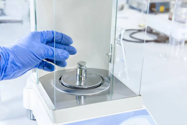 Calibration Weights A operator's hand is holding steel calibration weight to place on the analytical balance. Concept of quality control in a laboratory.