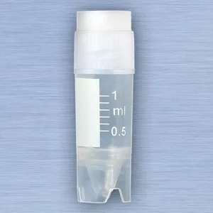 CryoCLEAR vials, 1.0mL, STERILE, External Threads, Attached Screwcap with Co-Molded Thermoplastic Elastomer (TPE) Sealing Layer, Conical Bottom, Self-Standing, Printed Graduations, Writing Space and Barcode, 50/Bag, 10 Bags/Case